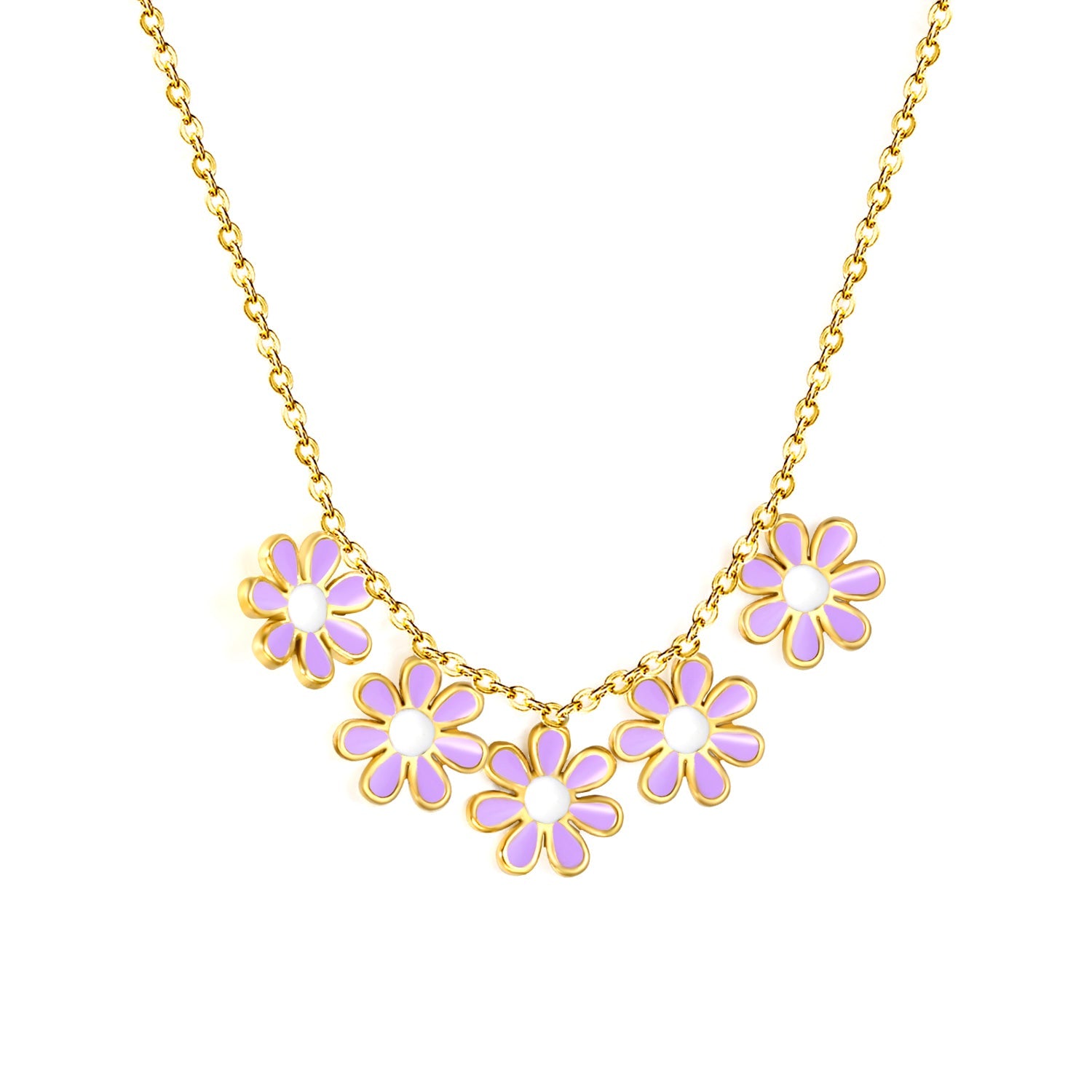 7.8mm six-petal flower white/purple/blue oil drip accessories 0.3 cross chain *40+5cm+6mm round plate necklace gold color asonjewelry
